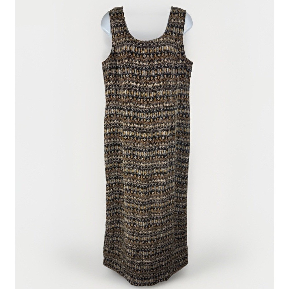 Spenser Jeremy 100% Silk Sleeveless‎ Midi Dress Size 14 Black Gold Lined Artsy